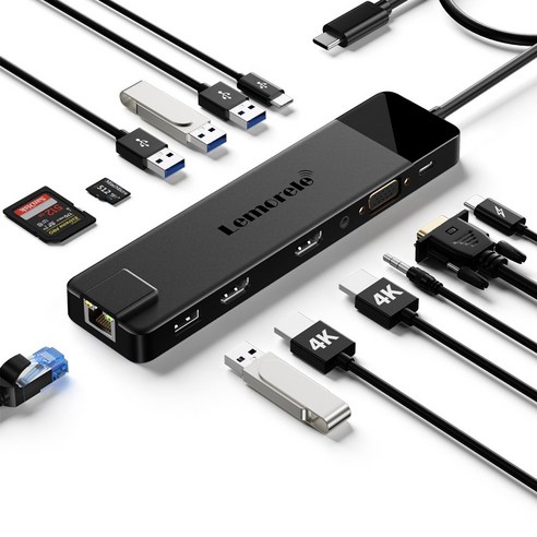 Lemorele 13 in-1 USB C 허브 유형 C 도킹 스테이션 RJ45 PD 100W 어댑터 VGA 1000Mbps 기가비트 이더넷 4K USB 3.0 허브, 검정, 검정, 1개 기가바이트어로스hdd슬롯