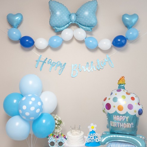연지마켓 생일풍선 생일파티용품 리본풍선 세트, 블루 케이크 세트
