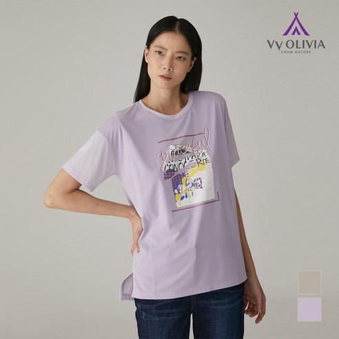 [올리비아로렌] 컬러 배색 원포인트 프린트 티셔츠_VVBASXM5181