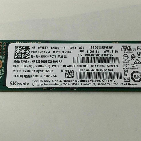 SK 하이닉스 256GB M.2 2280 PCIe Gen3 PC711 NVME SSD HFS256GDE9X080N 0FV56Y