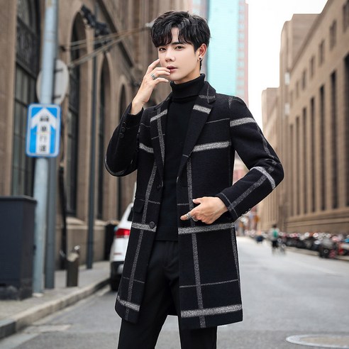 ANKRIC 남자 체크 모직 코트 가을 겨울 캐주얼 트렌치코트