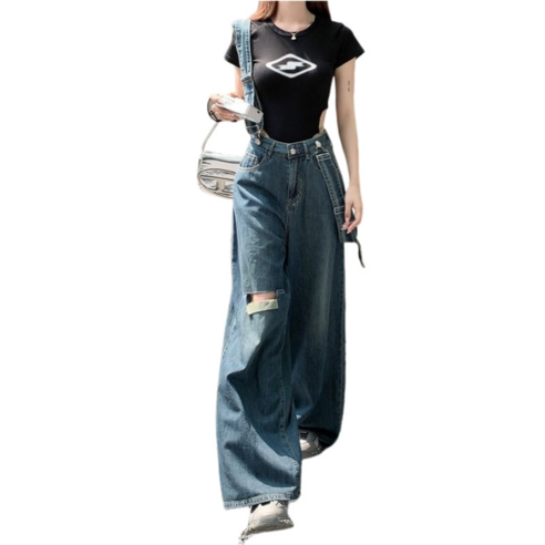 여성용 데님 멜빵바지 빅사이즈 와이드 점프슈트 청바지 Women''s jeans 뉴타임즈