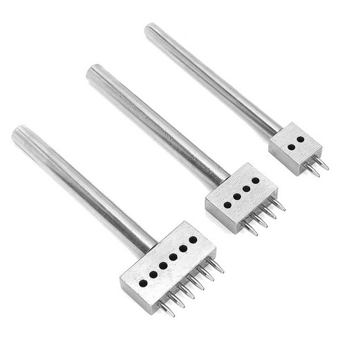 Deoxygene 다른 프롱 헤드 간격 구멍 펀처가있는 3 pcs 가죽 스티칭 도구 diy 레이싱 치즐 (6mm), 은