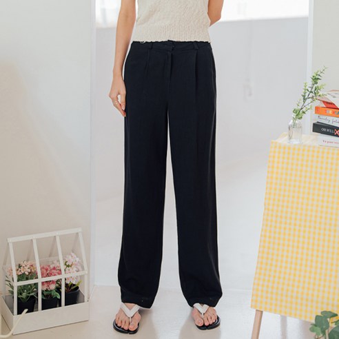 [오버나인] 여성 린넨 블렌드 원턱 와이드 슬랙스