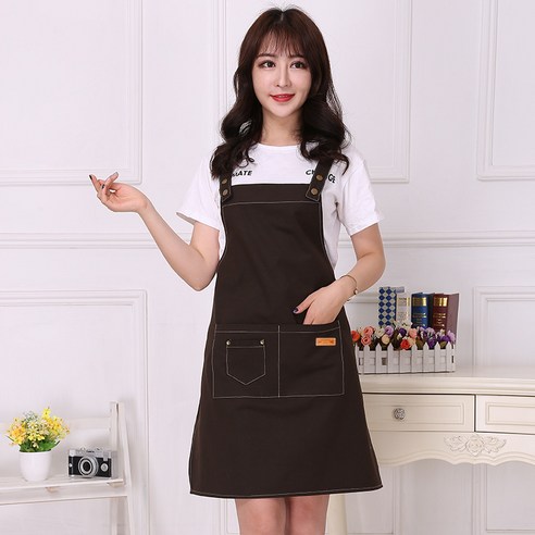주방 앞치마 작업 앞치마 면 여성용 큰 주머니 디자인 캔버스 패션 앞치마 방수 및 방오, 어두운 갈색