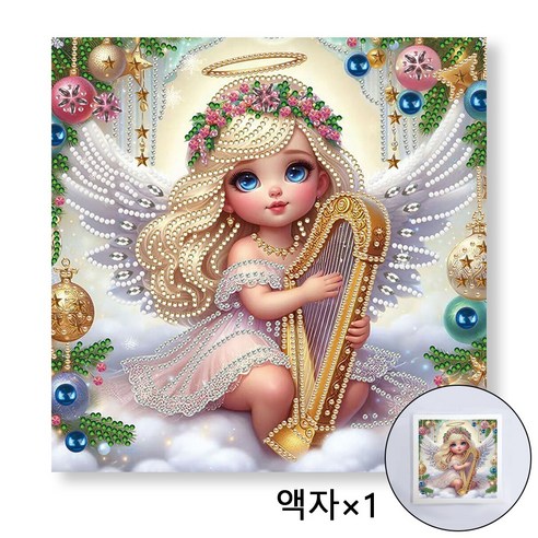 Craftsy 특별한 모양의 비즈 보석십자수 25 x 25 cm 캔버스형 [액자 보함] DIY 세트, 하프를 연주하는 천사, 1세트