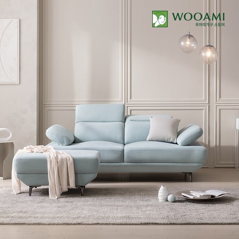 우아미가구 젠 3인 아쿠아텍스 패브릭 소파+스툴 2color, 민트 (J70-1)