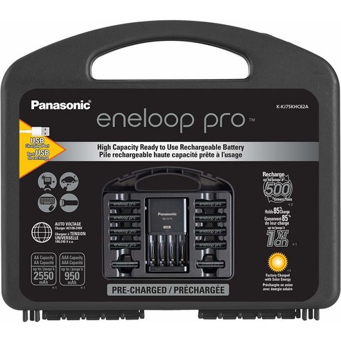 파나소닉 K-KJ75KHC82A Eneloop pro 대용량 충전식 배터리 파워 팩 8AA 2AAA USB 충전 포트 및 플라스틱 보관 케이스가 있는 고급 충전기 128279, Battery