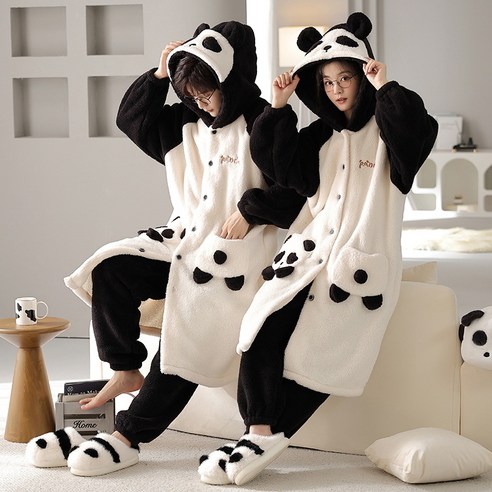 ANYOU파자마 커플용 귀여운 팬더 파자마 상하의 세트/따뜻한 겨울 잠옷 남녀 공용