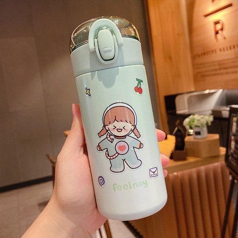 귀여운 일본계 버클 보온컵 여성 고안치 304 스테인리스강 물컵 휴대용 심플한 ins컵, [초록색] + 랜덤 스티커, 340ml