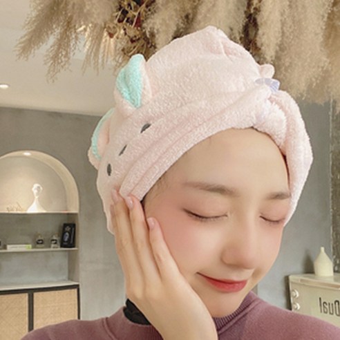 토끼 귀 흡수 산호 양털 샤워 캡 극세사 빨리 드라이 고급형, 24x64cm, 핑크/핑크