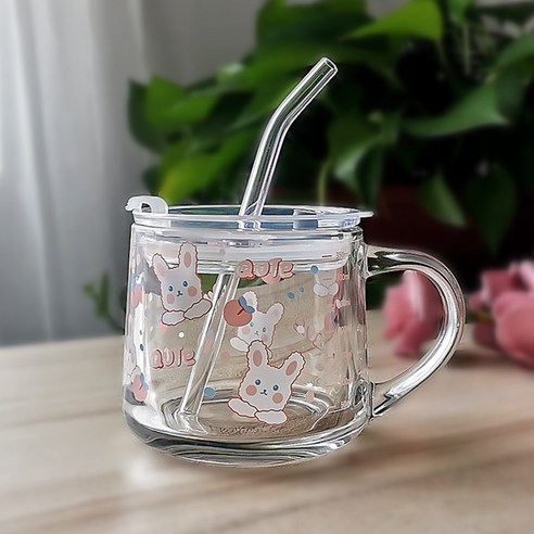 유리컵 빨대 우유 아침컵 귀엽다 만화 눈금 컵 덮개 숟가락 선물 글씨, 301-400ml, 380ml 귀여운 토끼 + Ps 덮개 + 유리 빨대