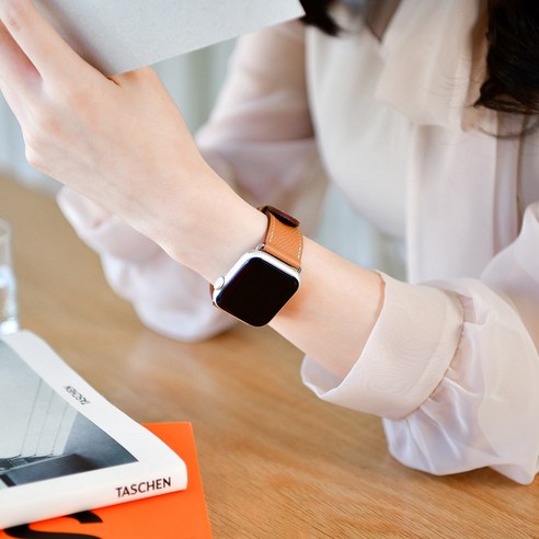 애플워치 가죽 스트랩 – 남녀 공용 밴드, 명품 시계줄, L 사이즈 (42/44/45/49 mm), 오렌지 색상, 1개 애플워치스트랩정품