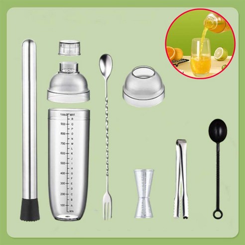 칵테일쉐이커 1000ml 세트 바텐더 세트 얼음스틱 아이스 해머 칵테일 지거 계량컵 바텐더도구, STYLE-1(7개 세트), 1개