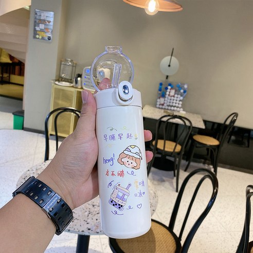절연 컵 숙녀 빨대 유형 물 컵 ins 스타일 심플하고 신선한 304 스테인레스 스틸 컵, 【단열 빨대 컵】일찍 취침 450ml, 싱글 컵