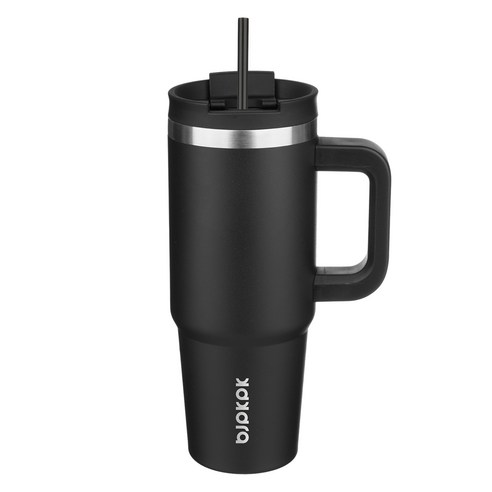 bjpkpk 스테인리스 스틸 핸들 보온컵 빨대 포함, 블랙, 1개, 900ml