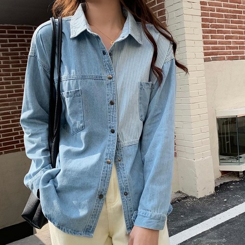 KORELAN 디자인 감각 조인트 루즈핏 싱글 버튼 데님 셔츠 여성 초봄 아카데미풍 루즈핏 코트 트렌드