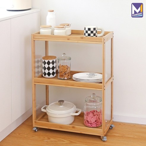 주방과 일상을 아름답게, M컴퍼니 원목 이동식 트롤리 3단 수납장으로 공간 활용의 마법을 경험하세요.
