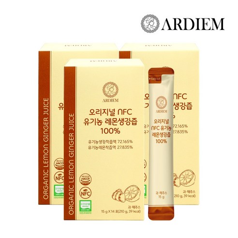 아르디엠 오리지널 NFC 유기농 레몬생강즙 100% 착즙 레몬 생강 원액, 3박스, 210g