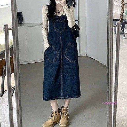 캐주얼 데님 오버롤 여자 여성 롱 치마 멜빵 원피스 h라인 데일리 스커트 롱치마uvw864