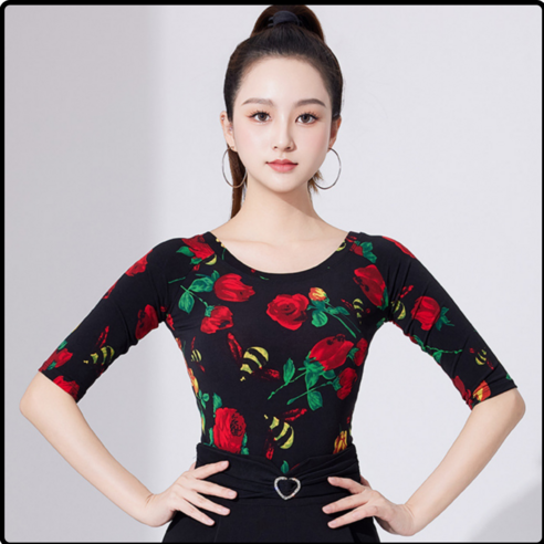 글로리존 라틴 댄스 복 현대 무용 공연 의상, XL, 장미꽃