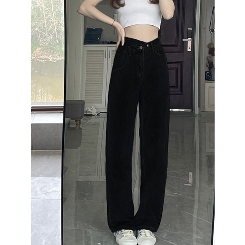 앞포켓청바지 쿨링 데이텀 카펜터 핀턱 로우 린넨 와이드 배기 멜빵 스키니 스판 빅사이즈 진한 파란색 불규칙한 스트레이트 청바지 여성 봄과 가을 새로운 대형 지방 하이 웨이스트 얇은 좁은 버전 와이드 레그 팬츠