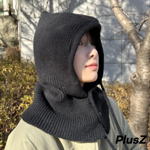 플러스즈 겨울 니트 바라클라바 두꺼운 넥워머 방한모자, 블랙, 1개
