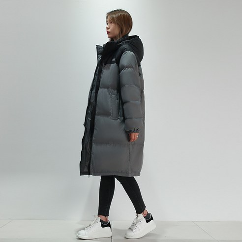 새로운 색상 대비 스티치 다운 재킷 중간 길이 무릎 두꺼운 커플 같은 느슨한 겨울 패션