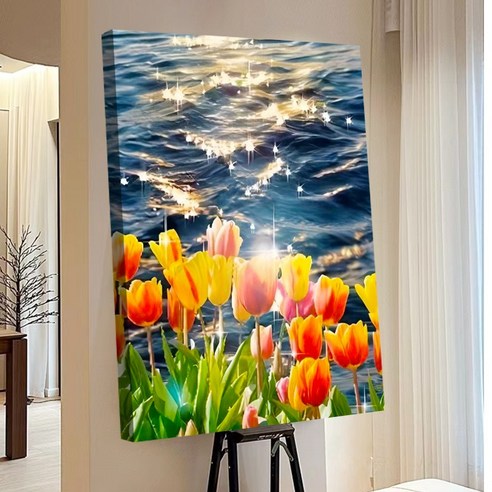 votgl 보석십자수 캔버스형 DIY 액자형 풍경 인물 꽃식물50x40cm, 036튤립, 1개