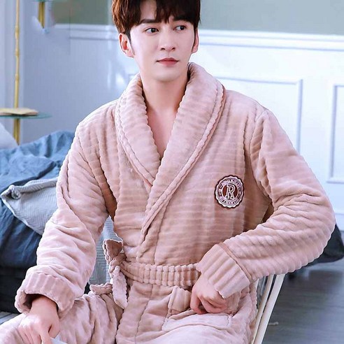 [SW] 부드러운 가운 남성 긴 목욕 가운 겨울 따뜻한 산호 양털 남성 잠옷 기모노 꽃 드레싱 가운 잠옷 가정 의류 잠옷, M 155-160cm, Khaki men