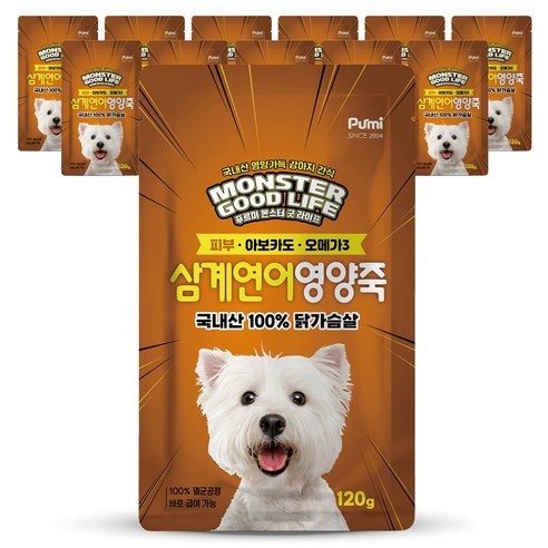 푸르미 강아지 몬스터 굿 라이프 영양죽, 삼계연어, 120g, 12개