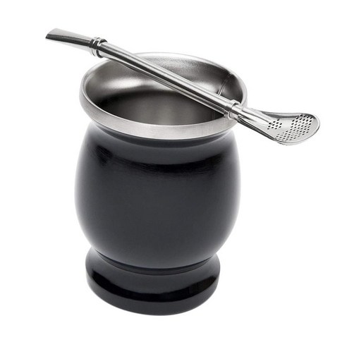 현대 Yerba 메이트 조롱박 컵 세트 이중 벽 스테인레스 스틸 메이트 티 컵 짚 커피 머그잔, 검정, 높이 10.5cm, 스테인리스 강