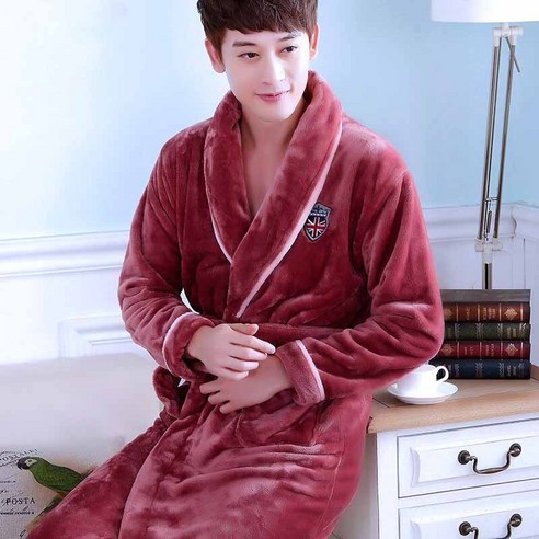 [SW] 남성 긴 목욕 가운 산호 양털 잠옷, red banner men, M 155-160cm