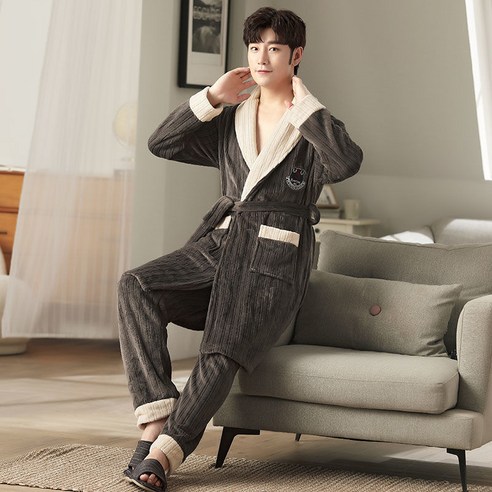 DFMEI-Y 하이 엔드 잠옷 남성 잠옷 가을 겨울 플란넬 잠옷 목욕 가운 두꺼운 산호 양털 홈 긴 인터넷 연예인, XL 125-150 진, DFMEI 그레이 3311 투피스 세트