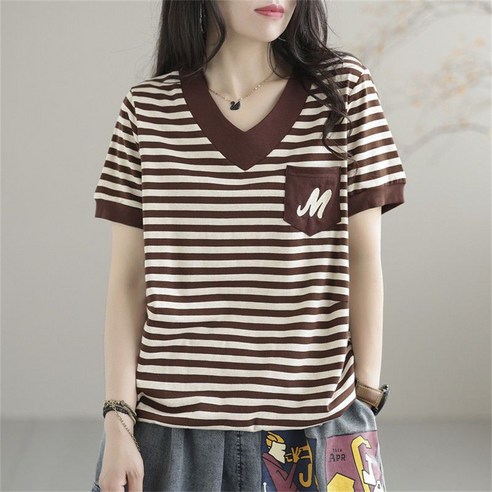 [OKㅣ강추] besteffie 반팔티셔츠 여성 여름 브이넷 루즈핏 줄무늬 레터링 패션 캐주얼 빅사이즈 상의 반팔티셔츠 C15 [OKNOWㅣ추천상품]