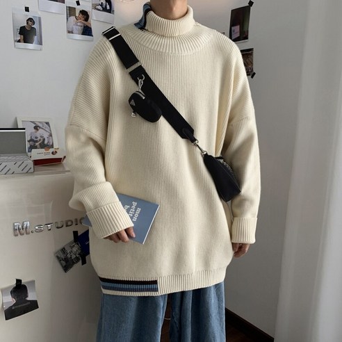 smy일본 레트로 터틀넥 스웨터 게으른 특대 코트 남성 유행 가을 겨울 카키 스웨터