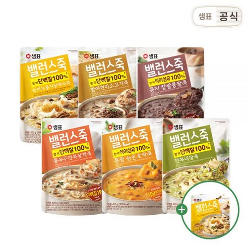 샘표 밸런스죽 420g 6개 세트 + 증정 1개 / 다채로운 맛! 다양한 죽 세트, 12종 포함된 새송이연근야채죽 420g 6개 + 증정 전복삼계죽 샘표 밸런스죽 420g 6개 세트 + 증정 1개 / 다채로운 맛! 다양한 죽 세트, 12종 포함된 새송이연근야채죽 420g 6개 + 증정 전복삼계죽
