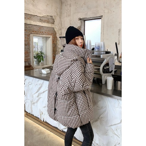 겨울 새로운 우아한 유행 격자 무늬 코튼 패딩 자켓 여성 중형 한국 스타일 두꺼운 자켓