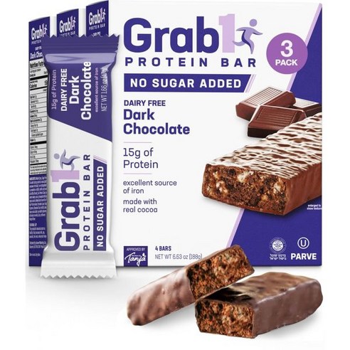 Grab1 Sugar Free Protein Bars Peanut Butter (3 Pack- 12 Bars) | 7g Fiber | Delicious and Nutritious, Dairy Free Dark Chocolate (0g