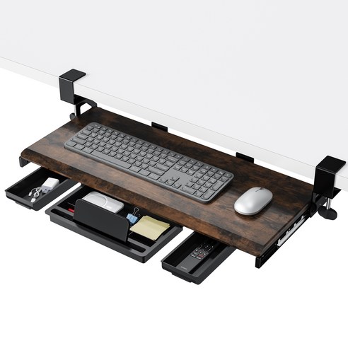 ETHU 키보드 트레이 슬라이딩 책상 연장 키보드 거치대 무타공 수납서랍 3개가 있음 확장테이블, Brown, 1개