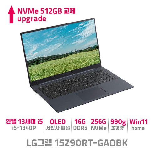 LG전자 그램 15Z90RT-GAOBK 초경량 그램 990g 인텔 13세대 i5, WIN11 Home, 16GB, 512GB, 코어i5, 넵튠 블루