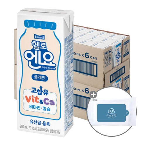 [소솜상점] 플레인 유산균 음료 200ml x 24팩 + 소솜물티슈, 1세트 함께 즐기세요! 유기농음료