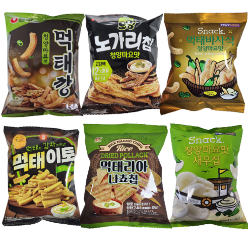 [먹태+청양마요 총집합2] 먹태깡1개+노가리칩1개+먹태바사삭1개+먹태이토1개+먹태리아나쵸칩1개+먹태쌀칩1개, 1세트, 370g