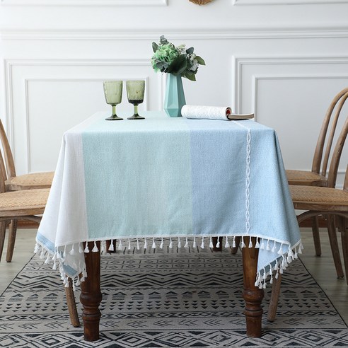 KORELAN 신형 북유럽식탁보 줄무늬 면마차 탁자보 탁자보 순색 테이블보, {"사이즈":"100×160cm"}, 화이트 앤 블루 그라데이션