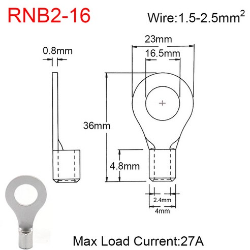 구리 링 텅 와이어 케이블 커넥터 러그 스페이드 납땜 배럴 비절연 크림프, 22) 10Pieces RNB2-16 - Copper(