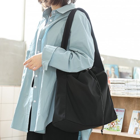 심플 옥스퍼드 솔리드 대용량 캔버스백 캐주얼 스트링 나일론 숄더백