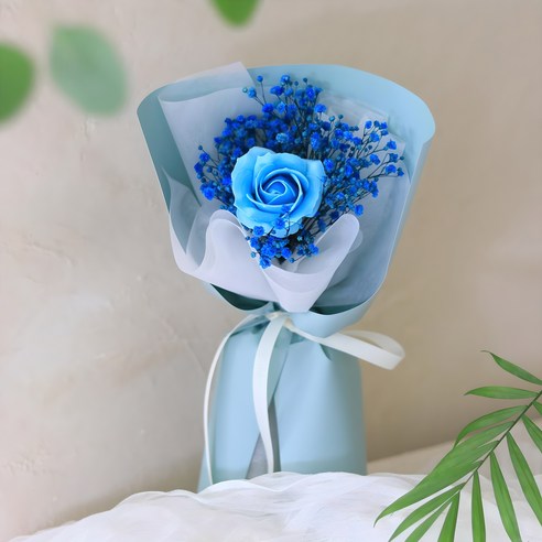 센트바스켓 비누꽃 프리저브드 안개 믹스 한송이 장미 꽃다발, 블루, 1개