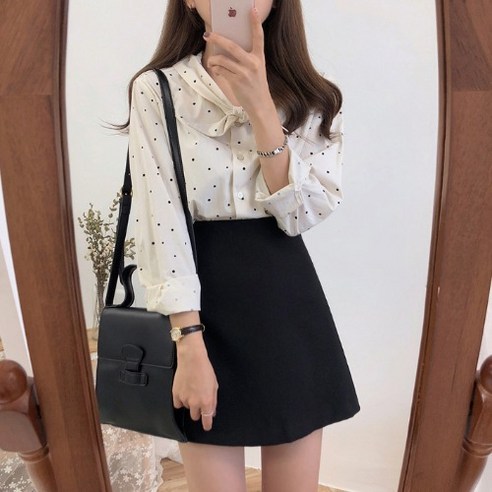 한국어 춘추chic 홍콩식 리본 넥타이 긴팔 셔츠 와이드 블라우스