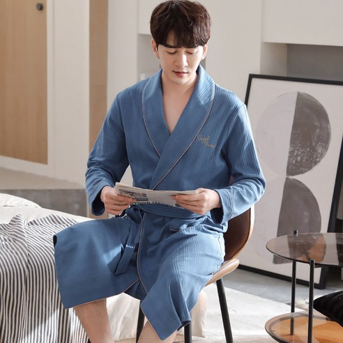 DPMEI 커플 순면 긴팔 가운 여춘추 전판 홈솔핏 남녀공용 가운 가운, DFMEI Z9999 클래식블루남, M