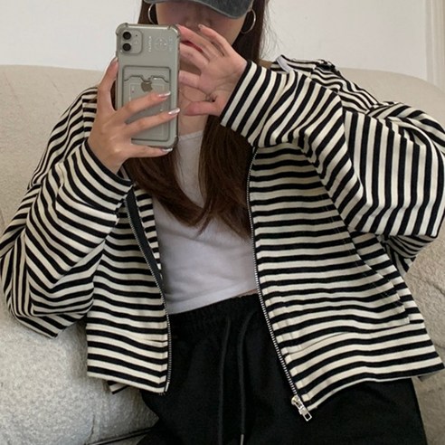 주디앤 여성 빌리아 스트라이프 오버핏 후드집업